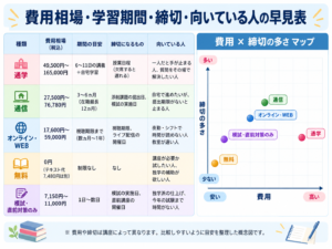 ケアマネ講座4種類と模試単品の費用相場・期間・締切・向いている人の早見表
